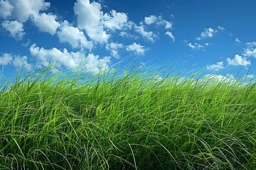 Fototapeta premium Lush Green Grass Field Under Blue Sky with Clouds for Nature Design