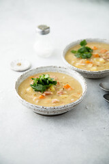 Homemade pea soup with smoked meat