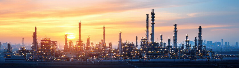 Obraz premium A panoramic view of an industrial skyline at sunset, showcasing oil refineries with tall smokestacks and glowing lights against a colorful sky.