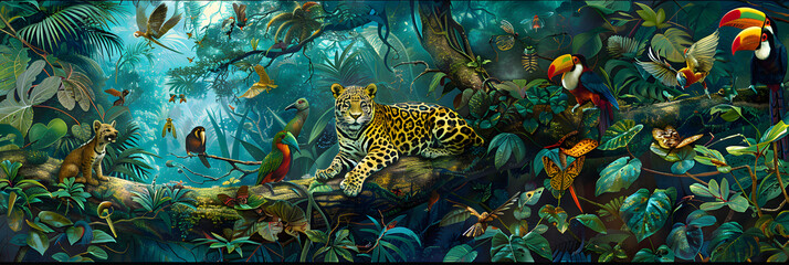 A Vibrant Rainforest Ecosystem Featuring a Jaguar, Birds, and Diverse Flora and Fauna