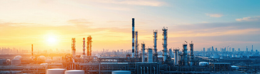 A scenic industrial landscape with tall smokestacks against a colorful sunrise, showcasing the energy sector's infrastructure.