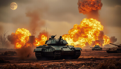 Fototapeta premium Tank Driving Through Explosions.