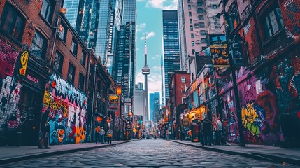 Glass-covered skyscrapers towering over the streets, where vibrant graffiti murals bring life to the city's walls, merging art with steel giants