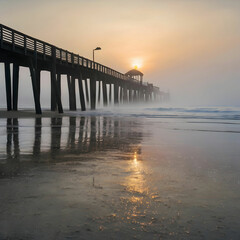 Fototapeta premium Beach Enveloped in Fog Where the Ocean Whispers Secrets to the Dawn Capturing Ethereal Beauty in Soft