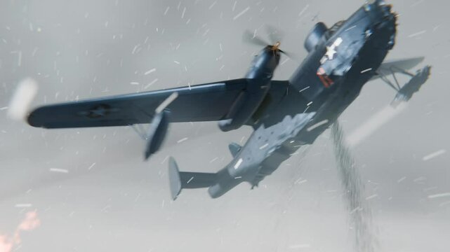 3D Animation of an old military plane flying through foggy weather, crashing, and exploding