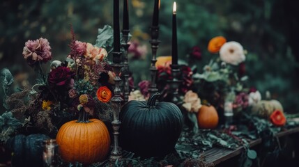 Elegant autumn table setting with pumpkins and flowers in nature