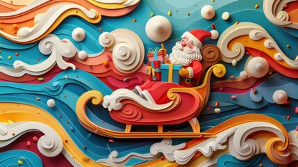 Whimsical and magical of Santa Claus riding his sleigh through a swirling colorful landscape of snow shapes and patterns  The scene is full of holiday cheer joy and imagination