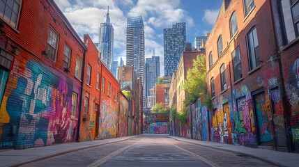 Obraz premium Skyscrapers reach into the morning sky, their towering presence framed by vibrant street art splashed at their base, evoking a retro urban revival