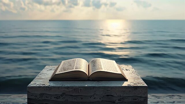 An open bible book rests on a stone table by the tranquil ocean at sunrise with soft waves glistening in the morning light