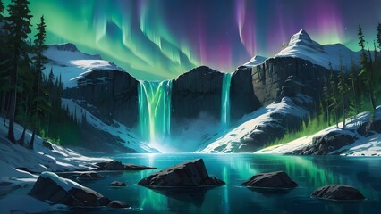 Waterfall Cascading into a Glowing Crystal Lake Under Northern Lights