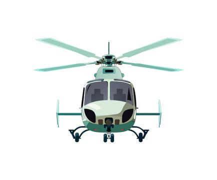 A front view of a helicopter with rotors spinning, designed for aerial transportation, rescue missions, or surveillance. The sleek, modern design emphasizes utility and efficiency in flight.