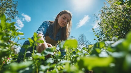 Low angle of a woman pulling weeds from her vegetable garden, enjoying the fresh air on a sunny spring day. House maintenance and gardening hobby, working with nature.