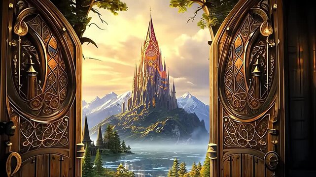 A fantasy castle reveals itself through ornate wooden doors amidst a lush landscape mountains at sunset