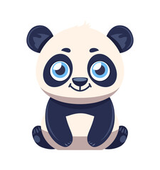 A cute Vector illustration of panda with big blue eyes, sitting and smiling, perfect for themes related to nature, wildlife, and children’s educational content.