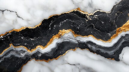 Close-up of white, black, and gold marble with a vein of gold running through the center.