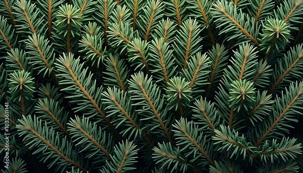 Wall mural close-up of green pine needles, natural background, seasonal decor