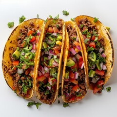 Three tacos loaded with colorful toppings, ready for a flavorful culinary adventure.