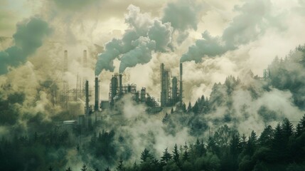 Industrial factory with smokestacks emitting thick smoke in forest setting, hazy green-yellow tones hint at severe air pollution impact on environment.