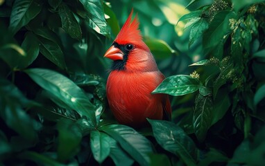Red Cardinal Perched in Lush Foliage