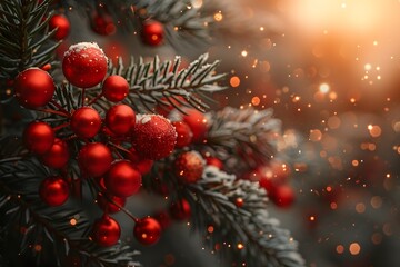 Festive Holiday Design with Snow-Dusted Red Baubles on Evergreen Branch