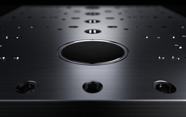 A close-up of a metallic surface with holes, likely part of a technological device or equipment.