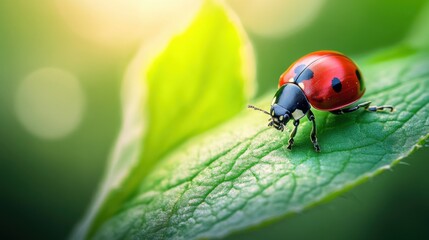 Naklejka premium Macro shot of a vibrant red ladybug crawling on a bright green leaf. Soft natural light highlighting the insect's glossy shell and the delicate texture of the leaf.