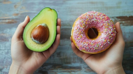 One hand holding an avocado, the other holding a donut. Healthy, natural fat source vs sugary, processed junk food. Fitness diet lifestyle vs indulgence and empty calories.
