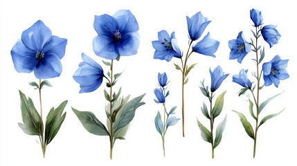 Fototapeta premium Set of Wildflowers Bluebells on White Background for Design Projects