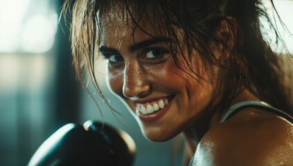 Close-up of smiling woman doing boxing training in gym 