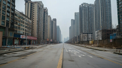 Fototapeta premium The Collapse of China’s Real Estate Giants, Symbolized by Empty Skyscrapers and Closed Offices, Reflecting Economic Downturn and Market Instability
