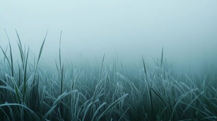 Obraz premium Delicate blades of grass glisten with frost as a thick mist envelops the landscape at dawn, creating a calm and ethereal winter atmosphere that captures the beauty of nature's quiet moments.