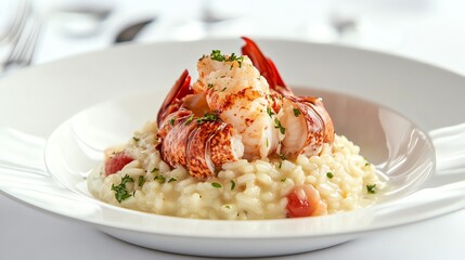 A white bowl of creamy risotto topped with lobster and herbs.