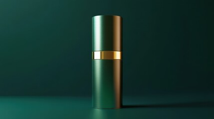 Obraz premium Men's perfume bottle with a metallic, cylindrical design standing on a plain, matte dark green background. A mockup for cutting-edge, bold fragrance branding.