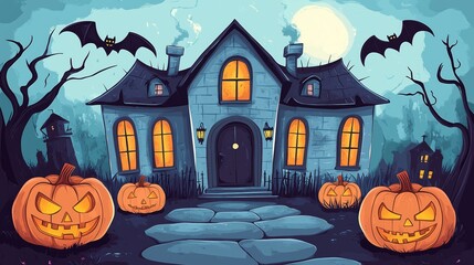 Fototapeta premium Haunted House on a Spooky Night: A cartoon-style haunted house stands bathed in moonlight, with pumpkins and bats adding to the spooky ambiance. Perfect for Halloween decorations, invitations.