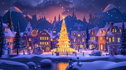 Enchanting wintertime village scene with glowing Christmas tree twinkling lights and snowy houses set against a starry night sky  Cozy and festive holiday atmosphere