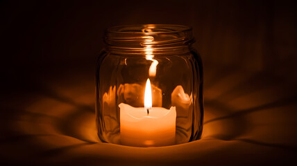 Lit candle inside a glass jar, casting warm light and soft shadows on a dark background, creating a cozy ambiance.