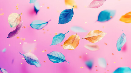 Aesthetic pastel blue, gold, purple glittering autumn leaves floating on pink background. Generative AI