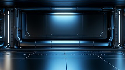 Obraz premium A futuristic, sleek interior of a sci-fi space environment with blue lighting and metallic surfaces.