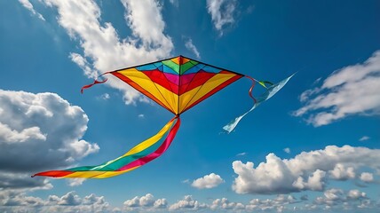 Vibrant Kite Soaring in Clear Blue Sky with Fluffy Clouds &ndash; Perfect for Children&rsquo;s Day Celebration Themes