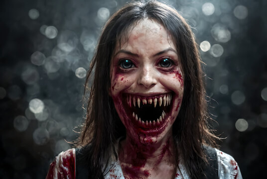 demonic fenale creature with pitch black eyes shows its sharp teeth, dark bokeh background