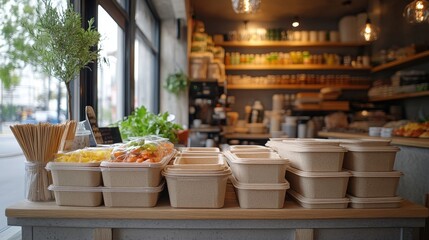 Fototapeta premium Compostable takeaway boxes stacked in an organic deli, zero-waste design, earthy color scheme, cozy lighting, sustainable branding focus, modern touch