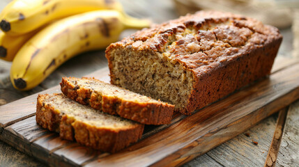 Dairy free gluten free homemade food. Vegan banana bread loaf sliced on a wooden cutting board. Healthy breakfast recipe. 