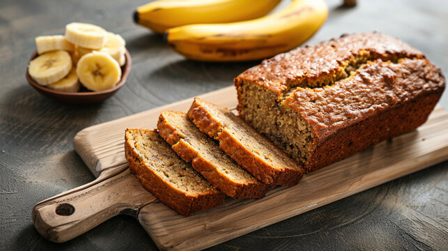 Gluten free, dairy free homemade food. Vegan banana bread loaf sliced on a wooden cutting board. Healthy breakfast recipe. 