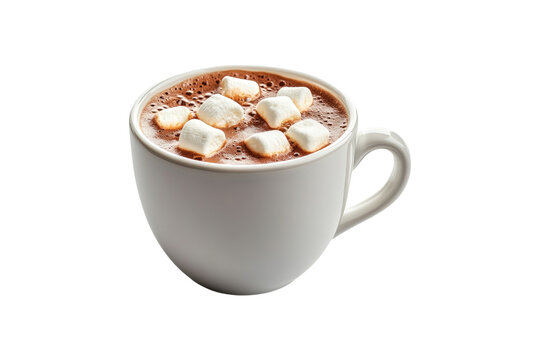 Cup of hot chocolate with marshmallows in white mug on a transparent background
