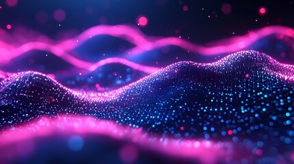 This image features vibrant waves of color with glowing particles, creating a mesmerizing, abstract visual scene reminiscent of digital landscapes.