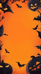 Halloween-themed banner with bats and jack-o'-lanterns surrounding empty orange space