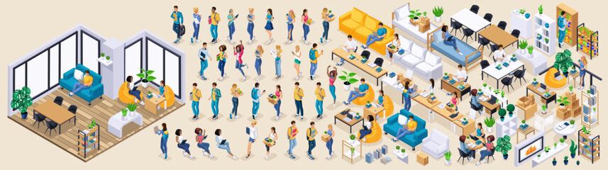 Isometric Kit for creating a student dormitory. Large Kit of furniture and Characters, Personage. Create your own unique design N2