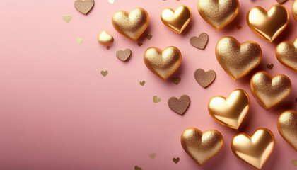 Fototapeta premium A Valentine's Day backdrop featuring golden hearts on a soft pink background, with ample space for your design or message.