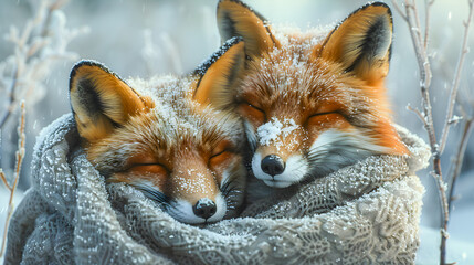 Fototapeta premium cute couple of animals are warmly dressed in winter, wrapped in cozy, natural fur or feathers. adorable huddle together, exchanging warmth love, warm and not freeze in the cold. animal kingdom