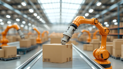 Fototapeta premium A modern warehouse in cutting-edge robotics technology and conveyor systems for efficient inventory management. Smart organization, the future of automated logistics and warehouse automation.